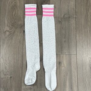 White Knee-High Socks with Pink Stripes and rhinestones